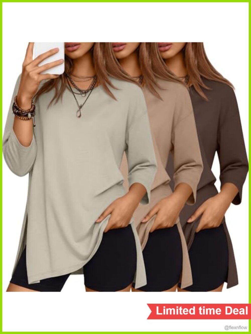 Oversized Workout T-Shirt 3/4 Sleeve Loose Fit Casual Gym Top